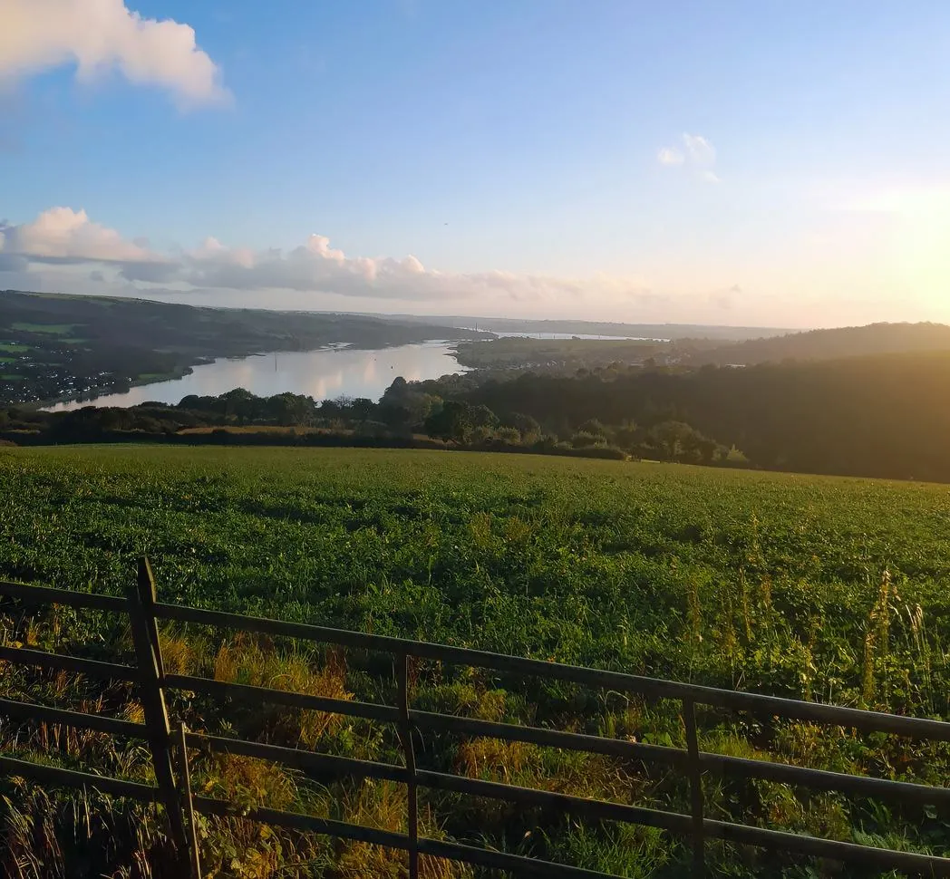 The view from the field over the Tamar estuary, where two rivers run down to the sea