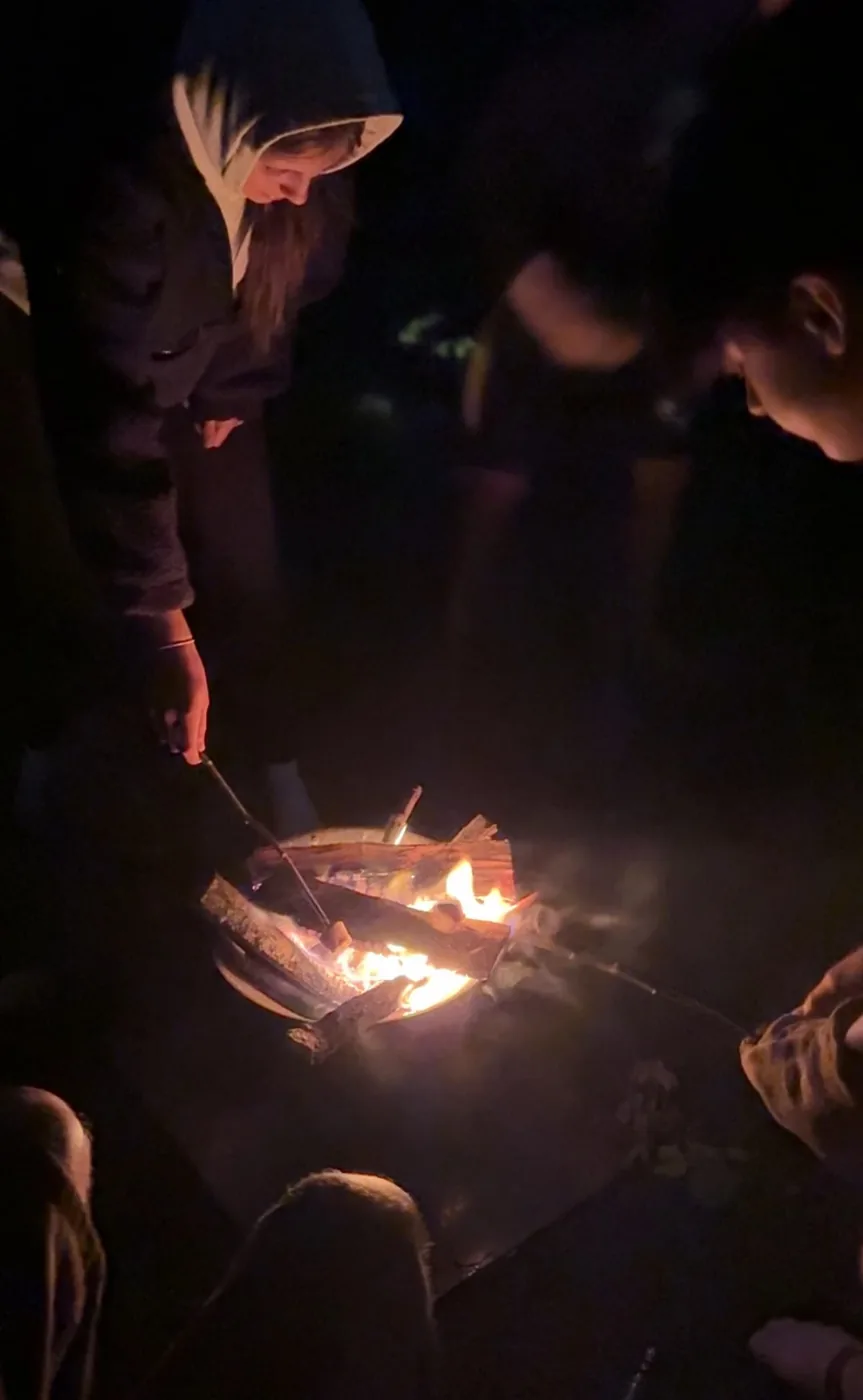 Toasting marshmallows around the fire after dark